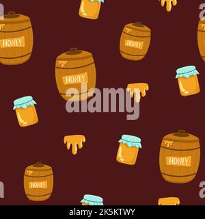 Seamless pattern with vector drawings of handmade barrels of honey. The barrel is flat, cartoony. Registration of cards, menus, banners, printing on f Stock Vector