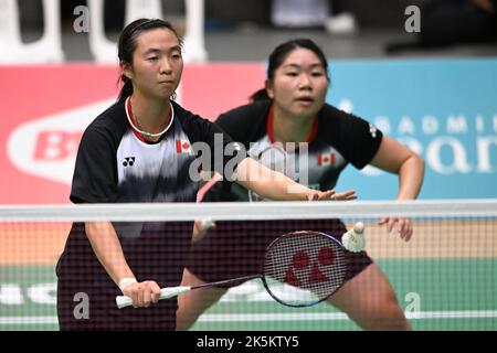 Sydney, Australia. 08th Oct, 2022. Catherine Choi and Josephine Wu of Canada seen in action during 2022 Sydney International Women's Double quarter finals match against Chiu Pin-Chian and Jiang Yi-Hua of Chinese Taipei. Choi and Wu lost the match, 19-21, 21-16, 18-21. Credit: SOPA Images Limited/Alamy Live News Stock Photo