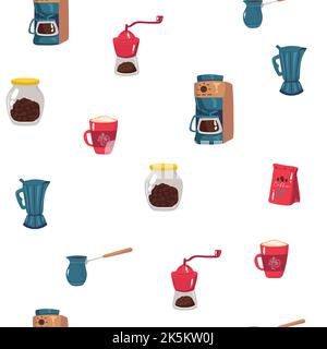 Vector hand drawn coffee makers patten.Different kinds of coffee mugs, pots and coffee makers, glasses with macaroons, coffee beans and chocolate.Colo Stock Vector