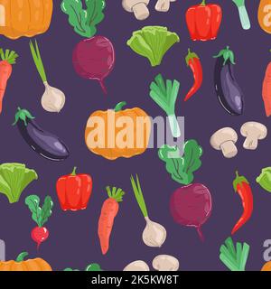 Seamless pattern with hand drawn colorful doodle vegetables. Sketch style vector set. Vegetables flat icons set pumpkin, beetroot, leek, champignon mu Stock Vector