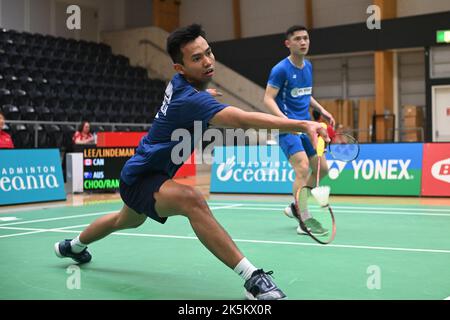 Sydney, Australia. 08th Oct, 2022. Andika Ramadiansyah (L) and Kenneth Zhe Hooi Choo (R) of Australia) seen in action during the 2022 Sydney International Men's Double's quarter finals match against Kevin Lee and Ty Alexander Lindeman of Canada. Choo and Ramadiansyah won the match 22-20, 12-21, 21-15. (Photo by Luis Veniegra/SOPA Images/Sipa USA) Credit: Sipa USA/Alamy Live News Stock Photo