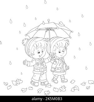 Little boy and girl hiding from the rain under their toy umbrella while walking through fallen leaves on a rainy autumn day Stock Vector