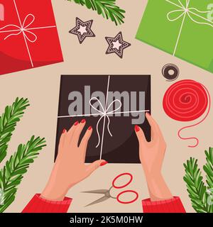Wrapping gift boxes for Christmas and New Year holidays, top view, gingerbread cookies, Christmas tree branches, gifts, female hands with red manicure Stock Vector