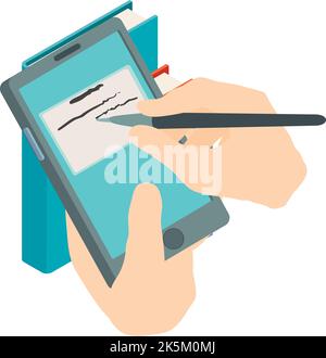 Mobile learning icon isometric vector. Human hand with touch pen, smartphone, book. Education concept, modern technology Stock Vector