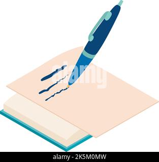 Pen writing icon isometric vector. Pen write on paper sheet on open book icon. Education, learning, writing Stock Vector