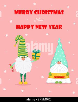 Two cute gnomes with gifts in their hands greeting card for Christmas. Vector illustration in flat style. Stock Vector