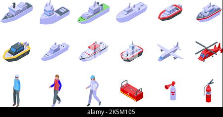 Coast guard icons set isometric vector. Dron sea. Ship coast Stock Vector