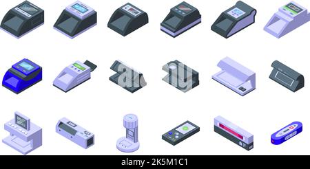 Currency detector icons set isometric vector. Bank cash. Business bill Stock Vector