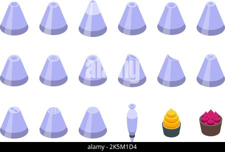 Icing nozzles icons set isometric vector. Cake decoration. Tip frosting Stock Vector