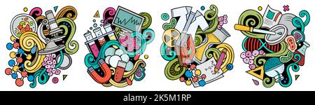 Science cartoon vector doodle designs set. Stock Vector