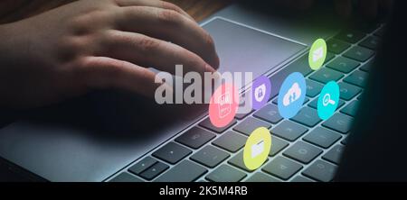 Banner of woman using laptop with Document Management System VR interface and copy space. Online documentation database and process automation. Stock Photo
