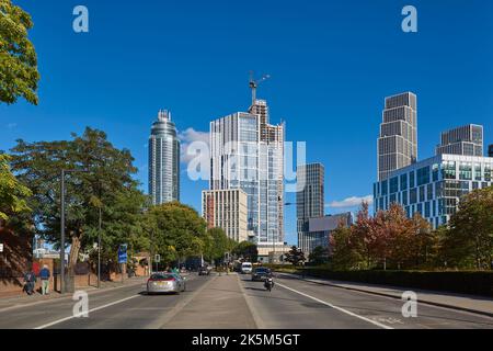 Nine Elms Lane, London UK, with new skyscrapers, looking east towards Vauxhall Stock Photo