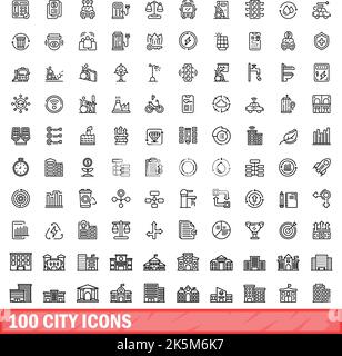 100 city icons set. Outline illustration of 100 city icons vector set isolated on white background Stock Vector