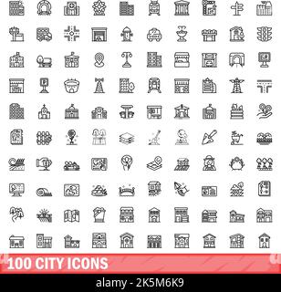 100 city icons set. Outline illustration of 100 city icons vector set isolated on white background Stock Vector