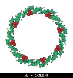 Christmas wreath of holly leaves and berries. Red cranberries and foliage round festive rim for new year. Botanical frame for postcard or invitation i Stock Vector