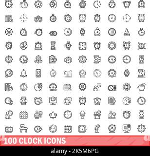 100 clock icons set. Outline illustration of 100 clock icons vector set isolated on white background Stock Vector