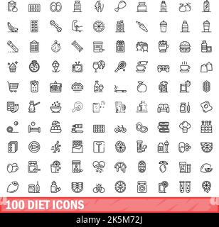 100 diet icons set. Outline illustration of 100 diet icons vector set isolated on white background Stock Vector