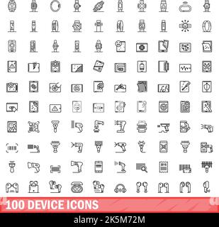 100 device icons set. Outline illustration of 100 device icons vector set isolated on white background Stock Vector