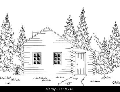 Wood cabin house graphic black white landscape sketch illustration vector Stock Vector