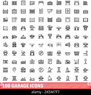 100 garage icons set. Outline illustration of 100 garage icons vector set isolated on white background Stock Vector