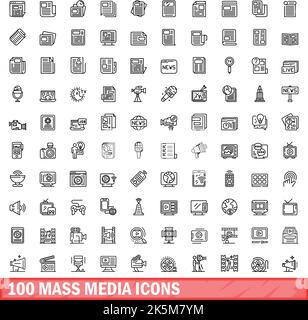 100 mass media icons set. Outline illustration of 100 mass media icons vector set isolated on white background Stock Vector