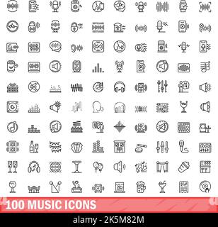 100 music icons set. Outline illustration of 100 music icons vector set isolated on white background Stock Vector