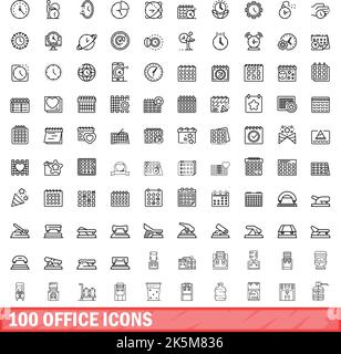 100 office icons set. Outline illustration of 100 office icons vector set isolated on white background Stock Vector