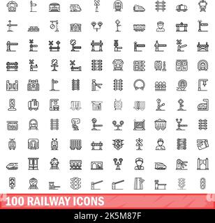 100 railway icons set. Outline illustration of 100 railway icons vector set isolated on white background Stock Vector