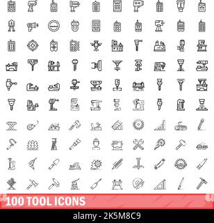 100 tool icons set. Outline illustration of 100 tool icons vector set isolated on white background Stock Vector