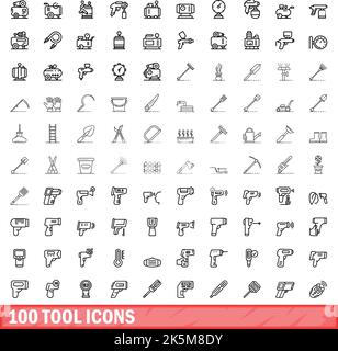 100 tool icons set. Outline illustration of 100 tool icons vector set isolated on white background Stock Vector