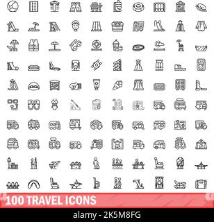 100 travel icons set. Outline illustration of 100 travel icons vector set isolated on white background Stock Vector