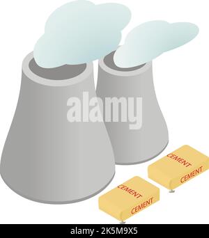 Industrial production icon isometric vector. Two cooling tower and cement bag. Powerstation, power plant, heavy industry Stock Vector