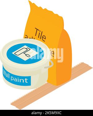 Repair material icon isometric vector. Wall paint bucket, tile adhesive packaging. Building material, repair work Stock Vector