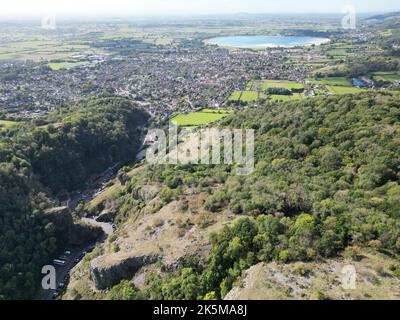 The view of Cheddar village from a drone. Somerset, England, UK. Stock Photo