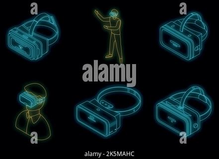 Game goggles icons set. Isometric set of game goggles vector icons neon color on black Stock Vector