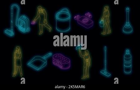 Cleaner equipment icons set. Isometric set of cleaner equipment vector icons neon color on black Stock Vector