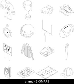 American football equipment icons set. Isometric set of american football equipment vector icons outline thin lne isolated on white Stock Vector