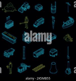 Coal industry icons set. Isometric set of coal industry vector icons neon color on black Stock Vector