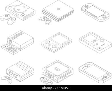 Console icons set. Isometric set of console vector icons outline thin lne isolated on white Stock Vector