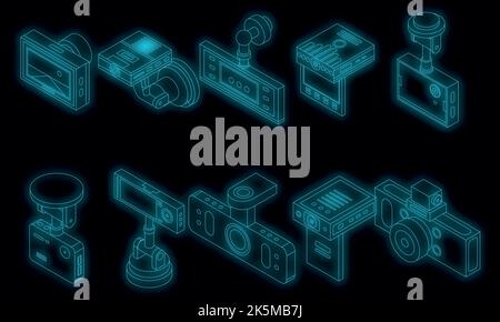 DVR icons set. Isometric set of DVR vector icons neon color on black Stock Vector