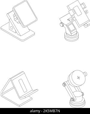 Mobile phone holder icons set. Isometric set of mobile phone holder vector icons outline thin lne isolated on white Stock Vector