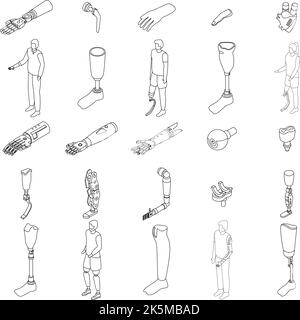 Artificial limbs icons set. Isometric set of artificial limbs vector icons outline thin lne isolated on white Stock Vector