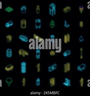 Milk factory icons set. Isometric set of milk factory vector icons neon color on black Stock Vector