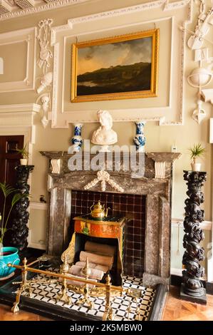 Old fashioned fireplace in the drawing room of a stately home. Stock Photo