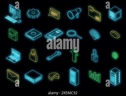 Data center icons set. Isometric set of data center vector icons neon color on black Stock Vector