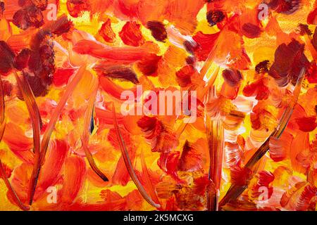 Red, orange, yellow bright leaves. Autumn colors, lights. Hand drawn oil painting. Beautiful magical autumn park. Tender, modern futuristic, dynamic Stock Photo
