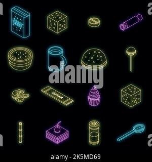 Sugar icons set. Isometric set of sugar vector icons neon color on black Stock Vector
