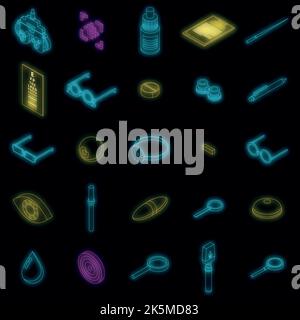 Eye examination icons set. Isometric set of eye examination vector icons neon color on black Stock Vector