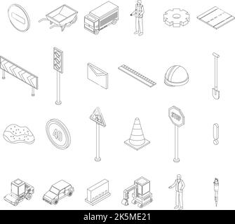 Road repair icons set. Isometric set of road repair vector icons outline thin lne isolated on white Stock Vector
