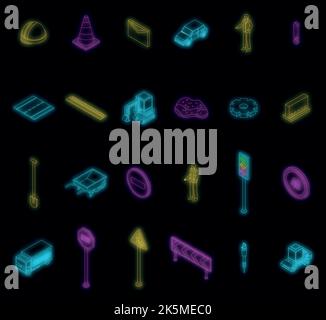 Road repair icons set. Isometric set of road repair vector icons neon color on black Stock Vector